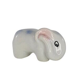 Vintage Ceramic Elephant Figurine White Pink Ears Blue Accents Small